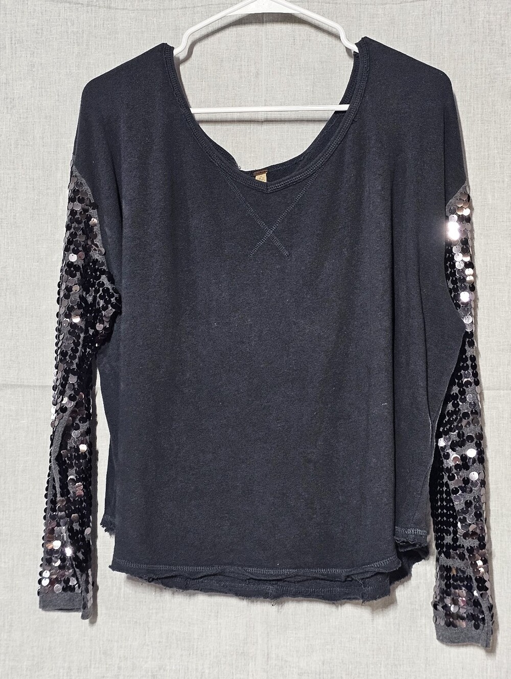 Free People Black Long Sleeve Top with Sequin Sleeves
